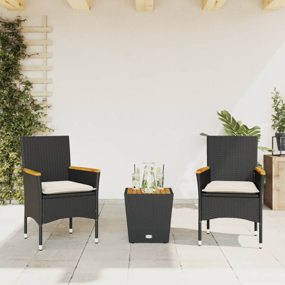 vidaXL 3-delige Bistroset met kussens poly rattan en glas zwart afbeelding 1