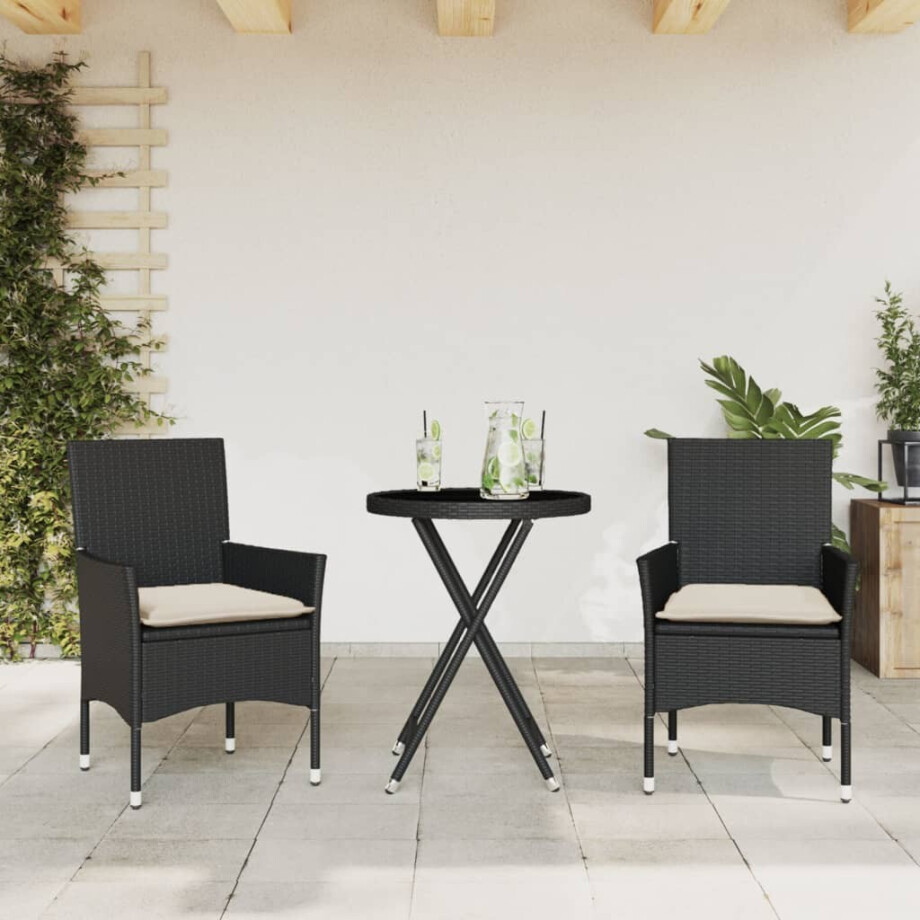 vidaXL 3-delige Bistroset met kussens poly rattan en glas zwart afbeelding 1