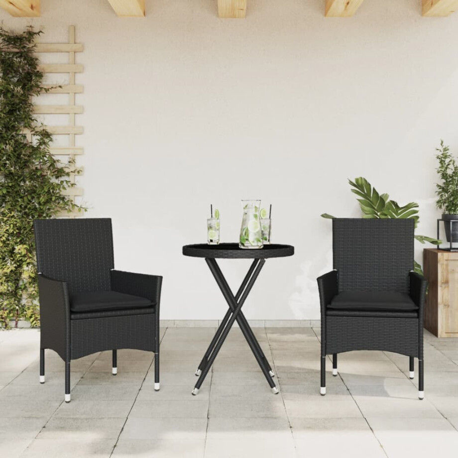vidaXL 3-delige Bistroset met kussens poly rattan en glas zwart afbeelding 1