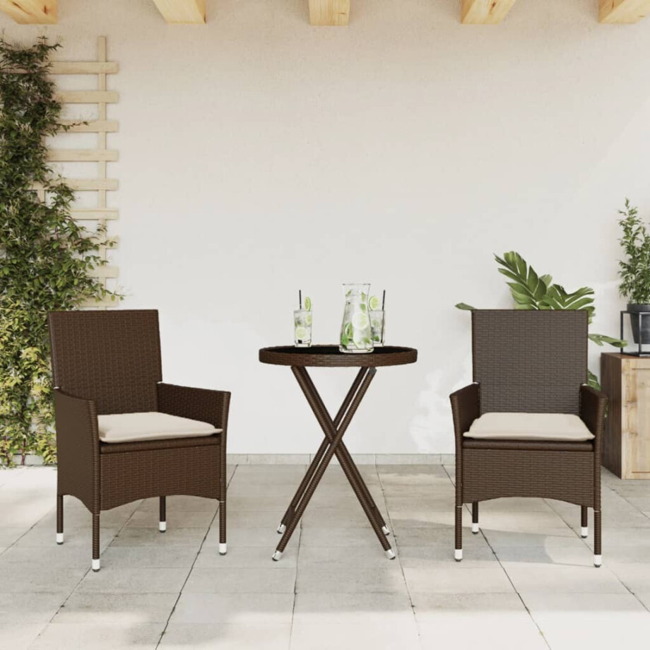vidaXL 3-delige Bistroset met kussens poly rattan en glas bruin afbeelding 1