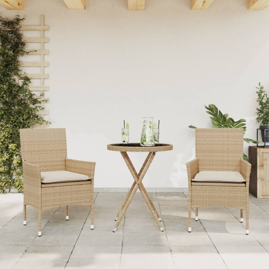 vidaXL 3-delige Bistroset met kussens poly rattan en glas beige vidaXL 3-delige Bistroset met kussens poly rattan en glas beige afbeelding 1