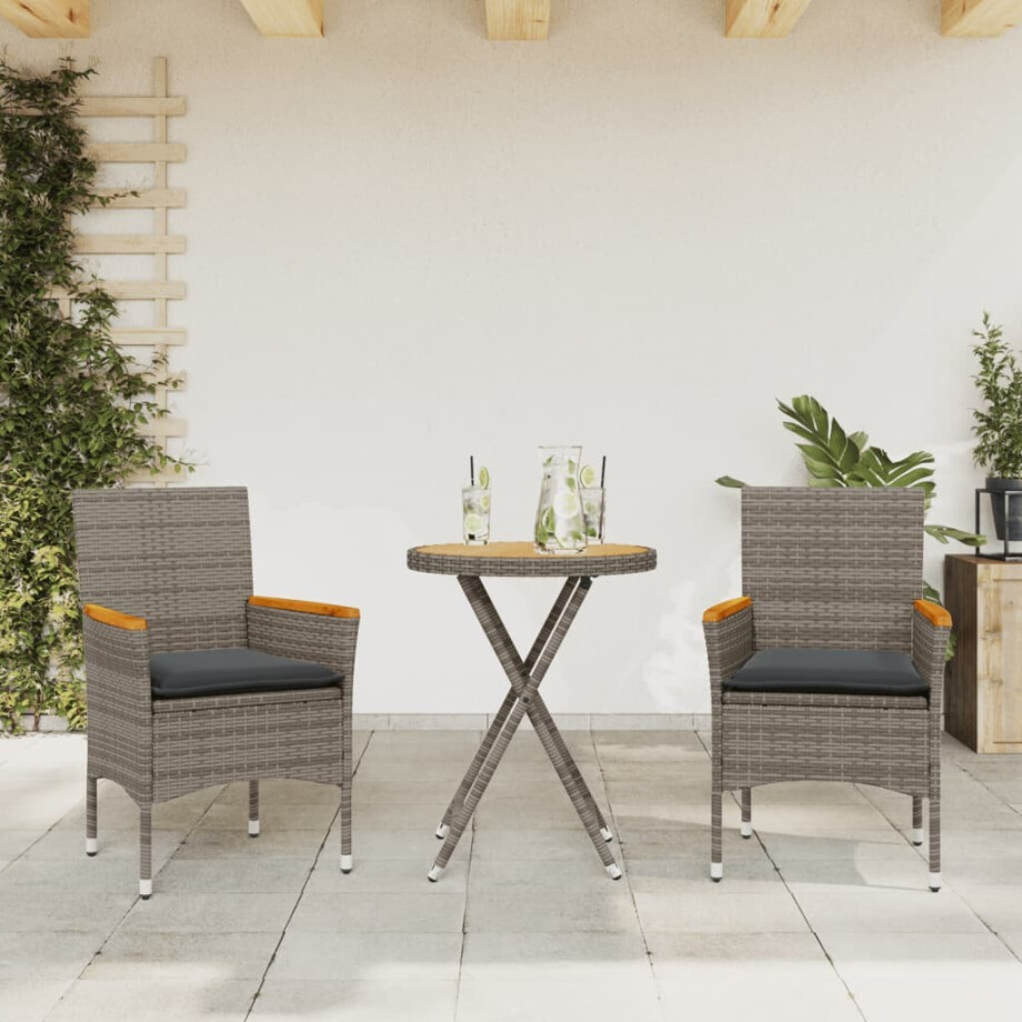 vidaXL 3-delige Bistroset met kussens poly rattan en acaciahout grijs afbeelding 1