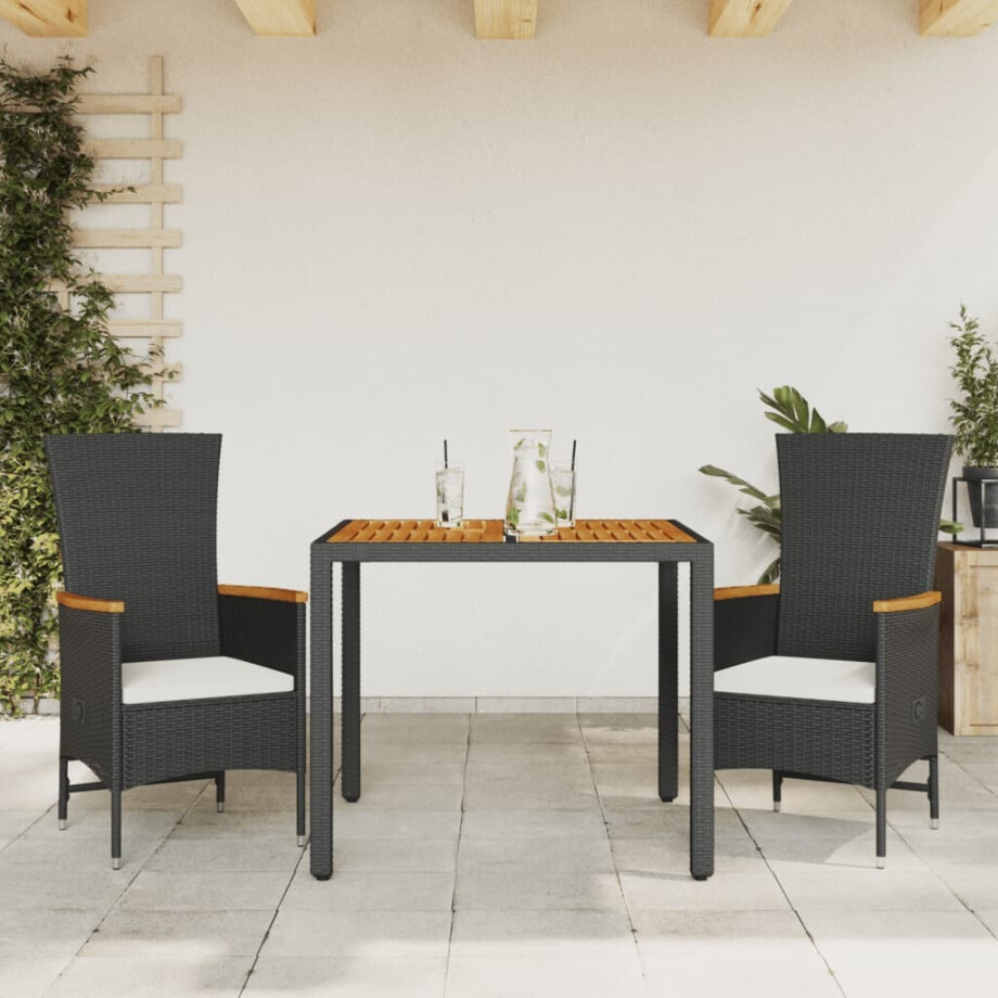 vidaXL 3-delige Tuinset met kussens poly rattan zwart afbeelding 1