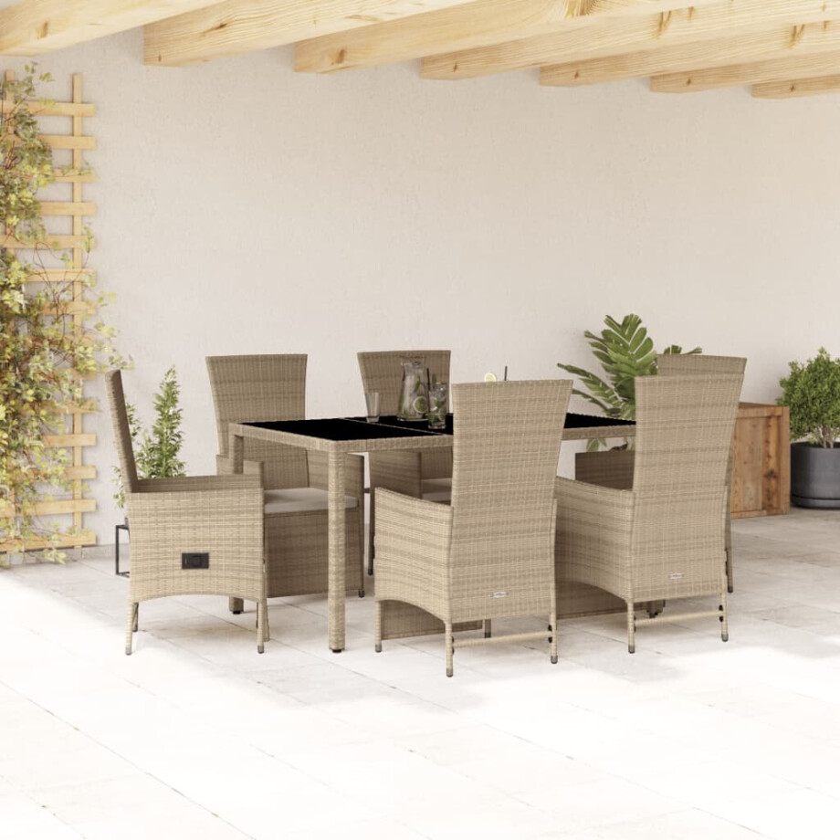 vidaXL 7-delige Tuinset met kussens poly rattan beige afbeelding 1