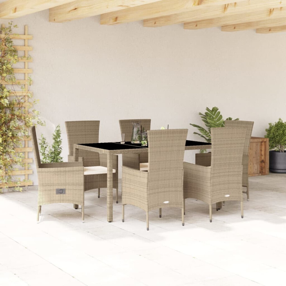 vidaXL 7-delige Tuinset met kussens poly rattan beige afbeelding 1