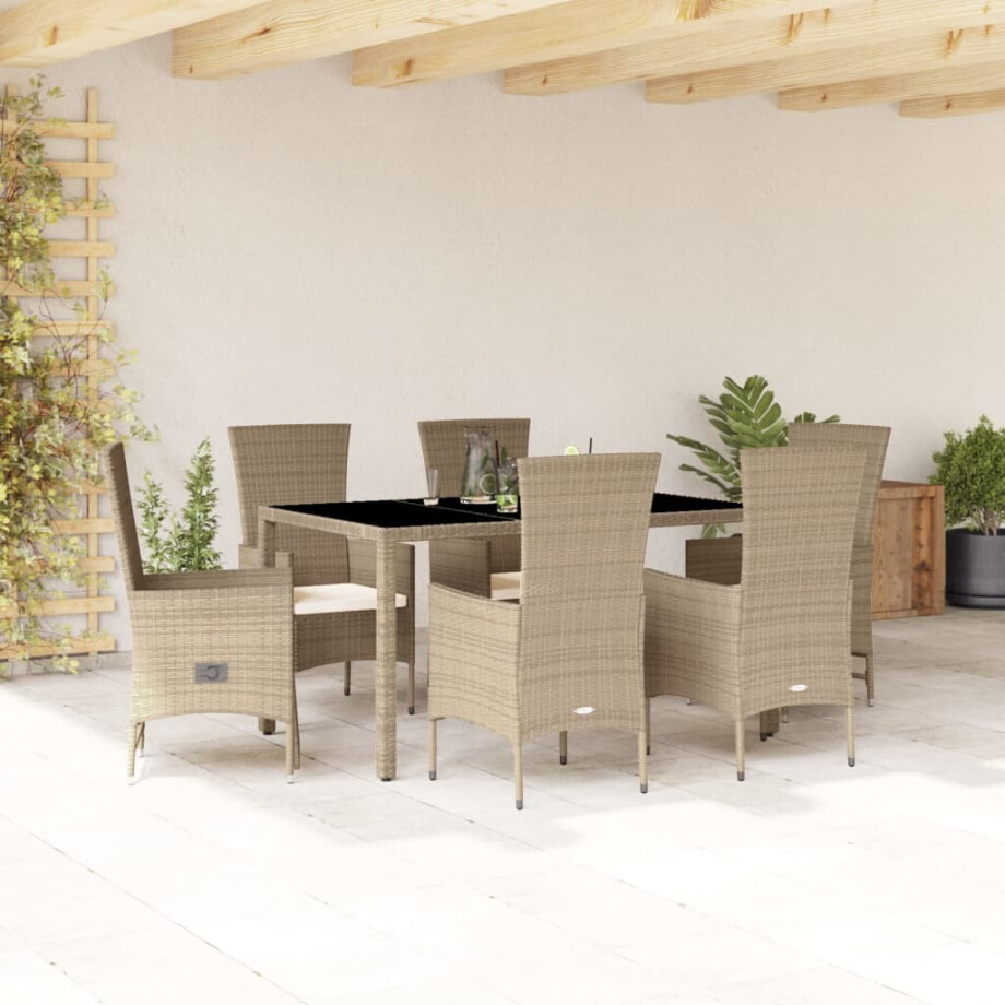 vidaXL 7-delige Tuinset met kussens poly rattan beige afbeelding 1