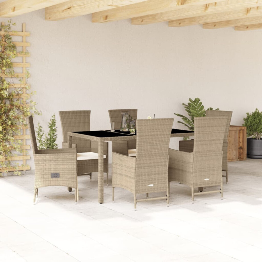 vidaXL 7-delige Tuinset met kussens poly rattan beige afbeelding 1