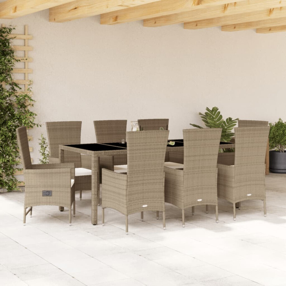vidaXL 9-delige Tuinset met kussens poly rattan beige afbeelding 1