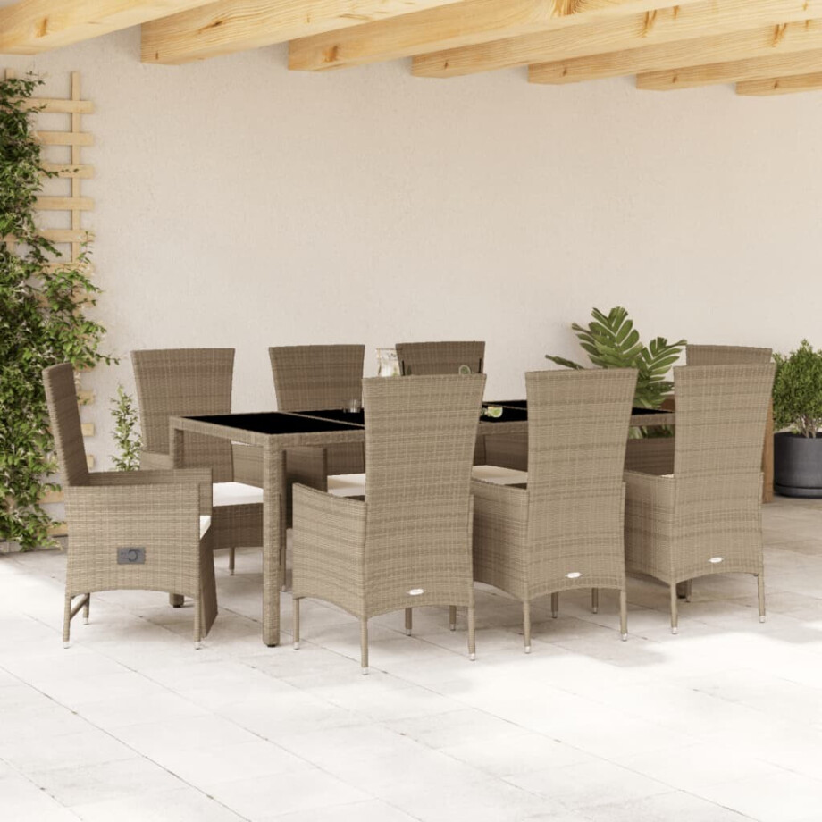 vidaXL 9-delige Tuinset met kussens poly rattan beige afbeelding 1
