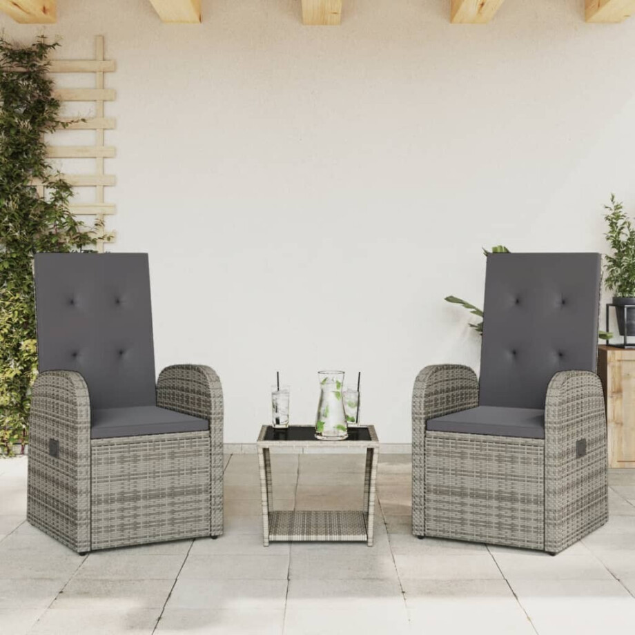 vidaXL 3-delige Tuinset met kussens poly rattan grijs afbeelding 1