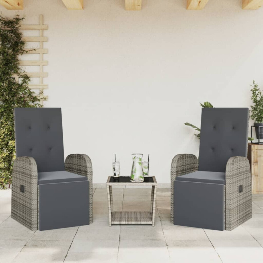 vidaXL 3-delige Tuinset met kussens poly rattan grijs afbeelding 1