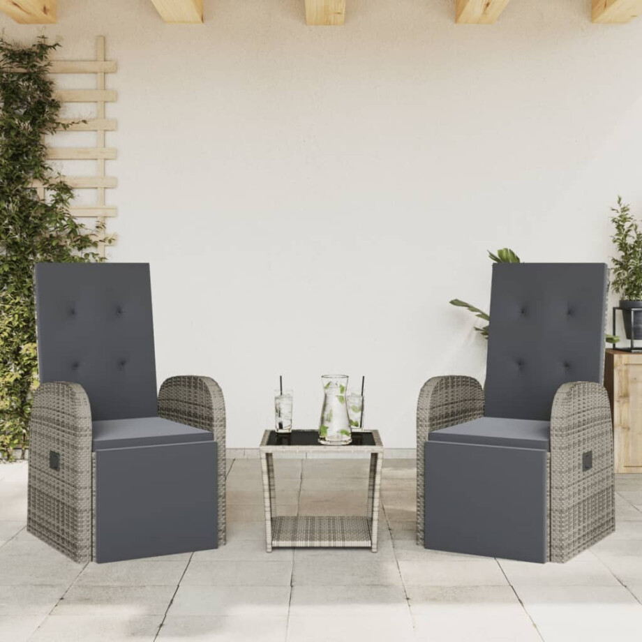 vidaXL 3-delige Tuinset met kussens poly rattan grijs afbeelding 1