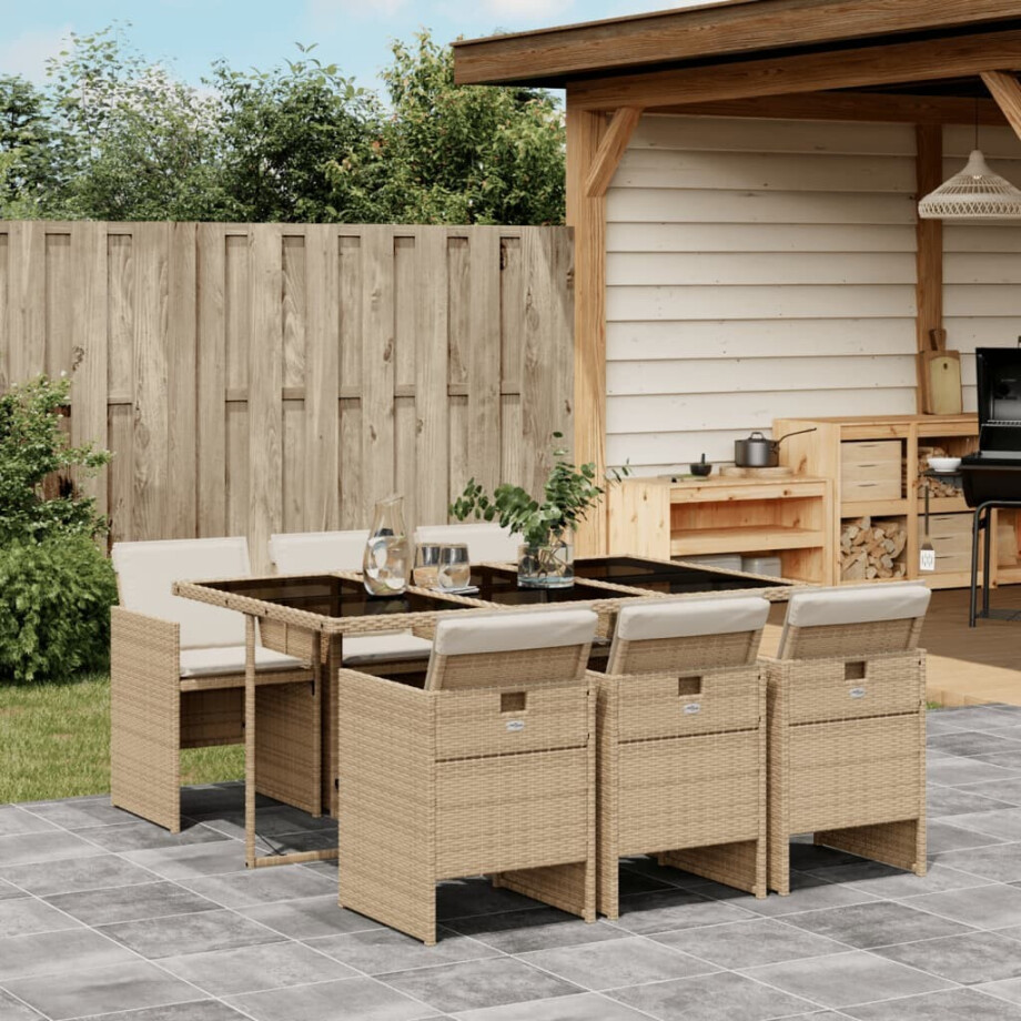 vidaXL 7-delige Tuinset met kussens poly rattan beige afbeelding 1
