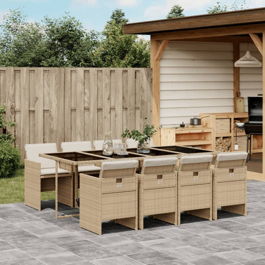 vidaXL 9-delige Tuinset met kussens poly rattan beige afbeelding 1