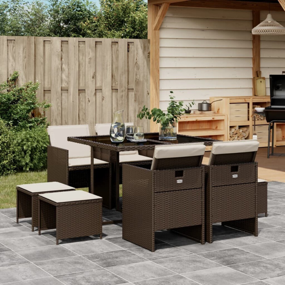 vidaXL 9-delige Tuinset met kussens poly rattan bruin vidaXL 9-delige Tuinset met kussens poly rattan bruin afbeelding 1