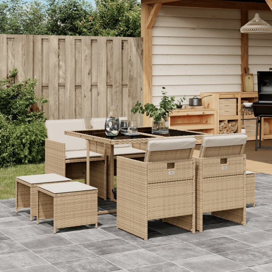 vidaXL 9-delige Tuinset met kussens poly rattan beige afbeelding 1