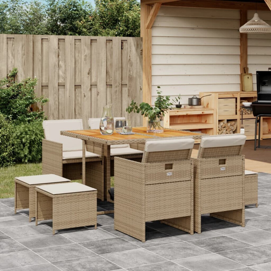 vidaXL 9-delige Tuinset met kussens poly rattan beige afbeelding 1