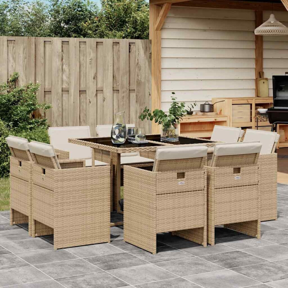 vidaXL 9-delige Tuinset met kussens poly rattan beige afbeelding 1