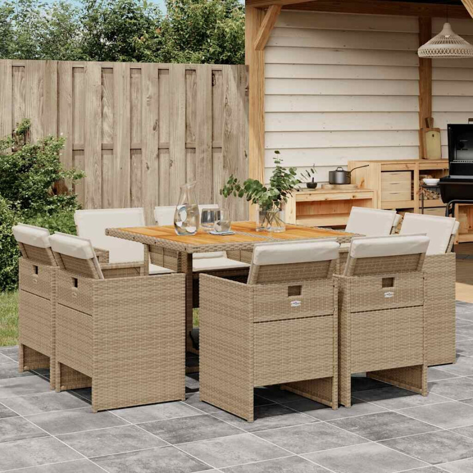 vidaXL 9-delige Tuinset met kussens poly rattan beige afbeelding 1