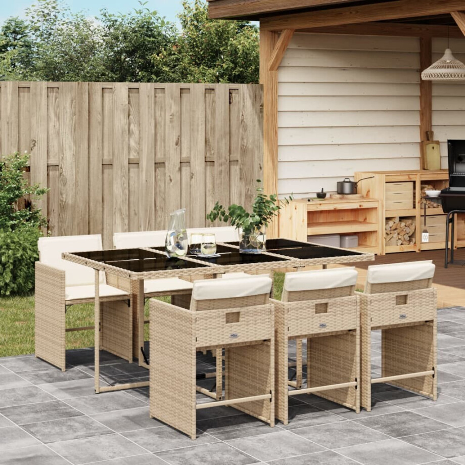 vidaXL 7-delige Tuinset met kussens poly rattan beige afbeelding 1