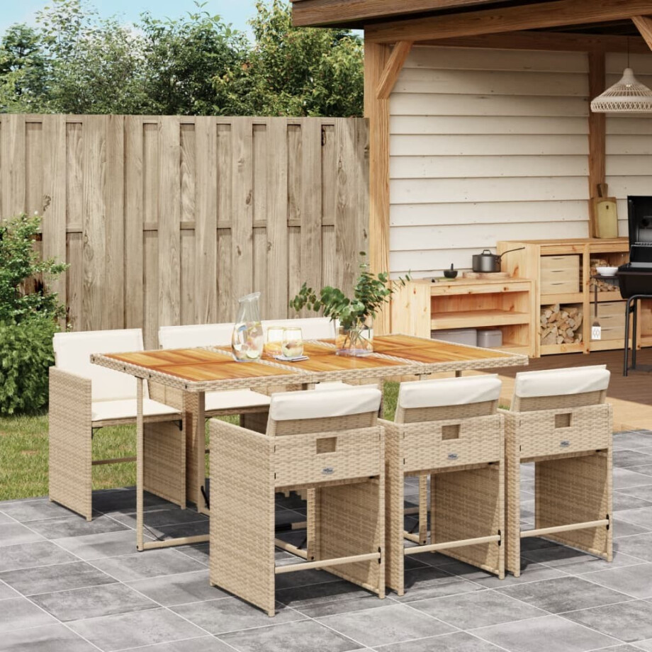 vidaXL 7-delige Tuinset met kussens poly rattan beige afbeelding 1