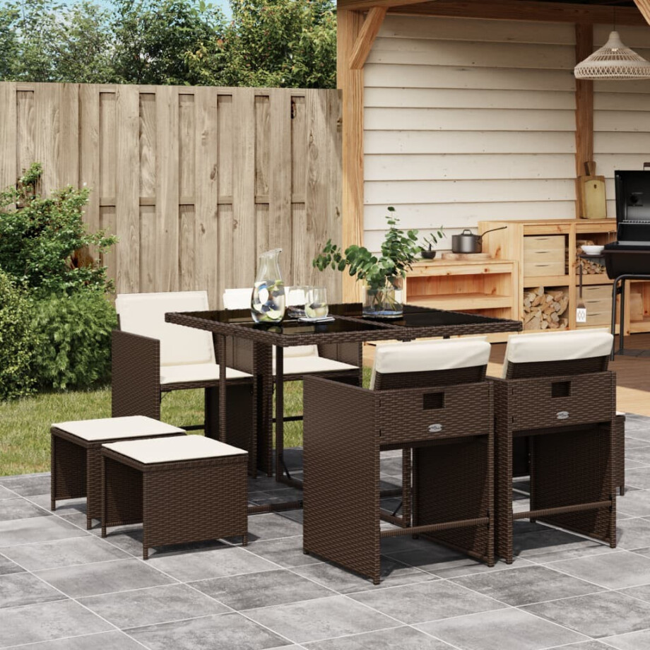 vidaXL 9-delige Tuinset met kussens poly rattan bruin vidaXL 9-delige Tuinset met kussens poly rattan bruin afbeelding 1