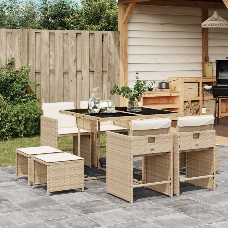 vidaXL 9-delige Tuinset met kussens poly rattan beige afbeelding 1