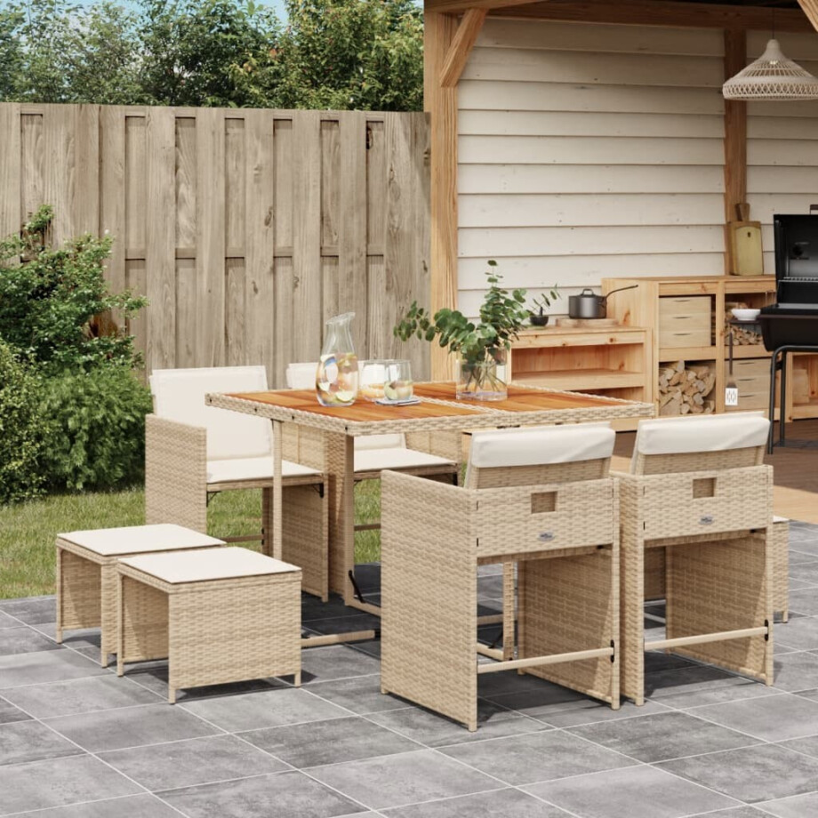 vidaXL 9-delige Tuinset met kussens poly rattan beige afbeelding 1
