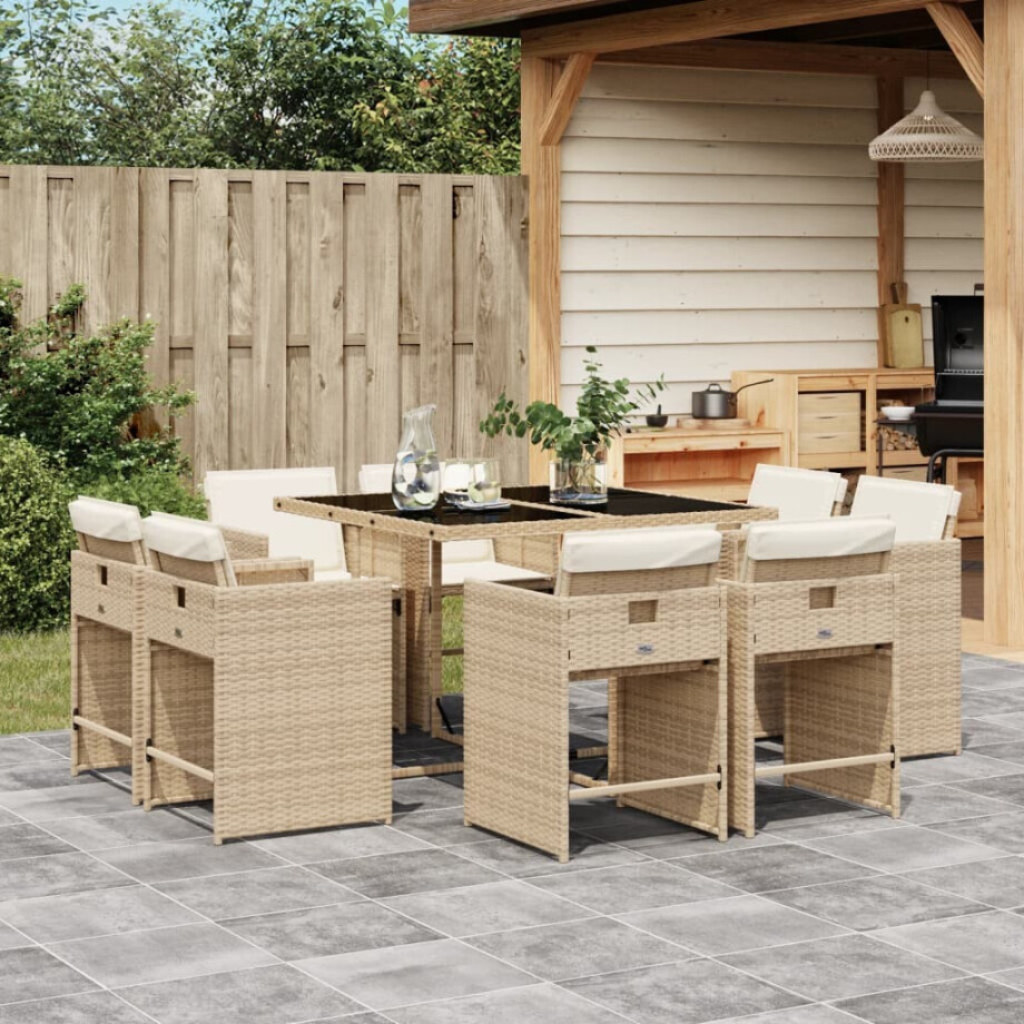 vidaXL 9-delige Tuinset met kussens poly rattan beige afbeelding 1