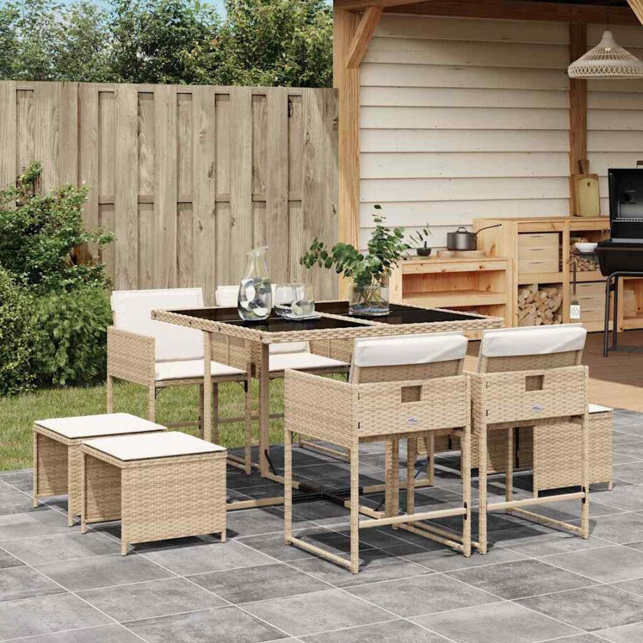 vidaXL 9-delige Tuinset met kussens poly rattan beige afbeelding 1