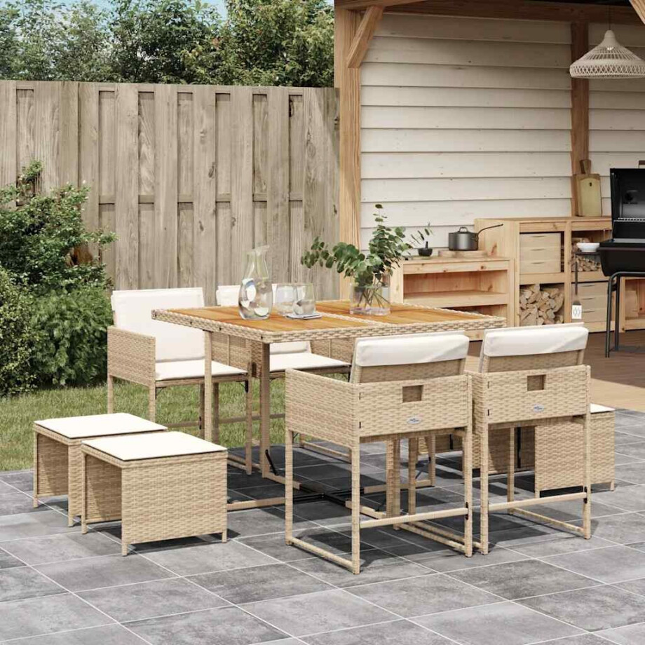 vidaXL 9-delige Tuinset met kussens poly rattan beige vidaXL 9-delige Tuinset met kussens poly rattan beige afbeelding 1