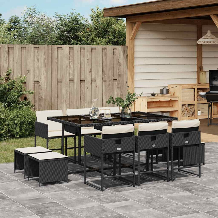 vidaXL 11-delige Tuinset met kussens poly rattan zwart afbeelding 1