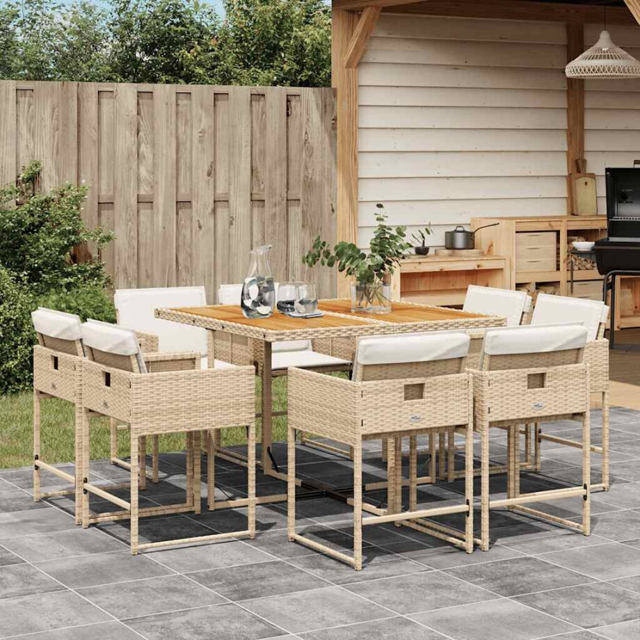vidaXL 9-delige Tuinset met kussens poly rattan beige afbeelding 1