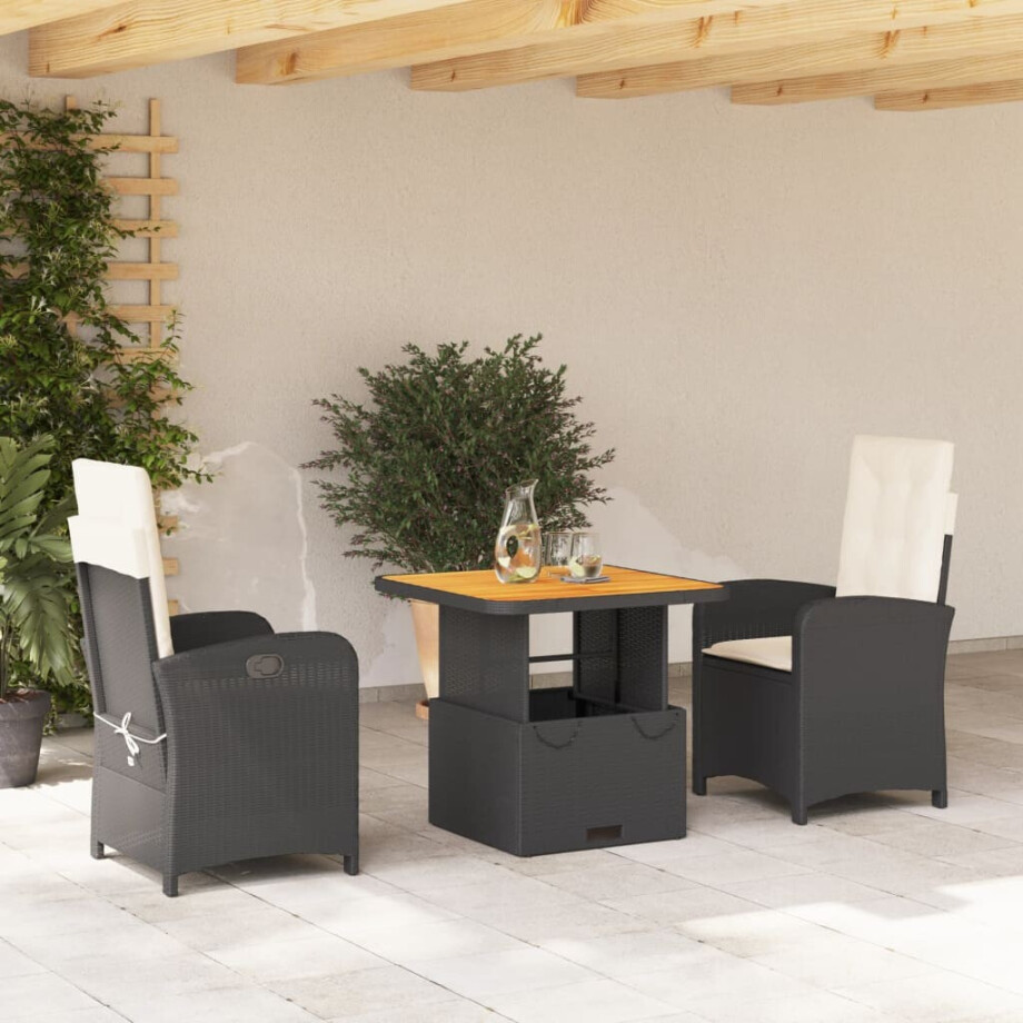 vidaXL 3-delige Tuinset met kussens poly rattan zwart afbeelding 1