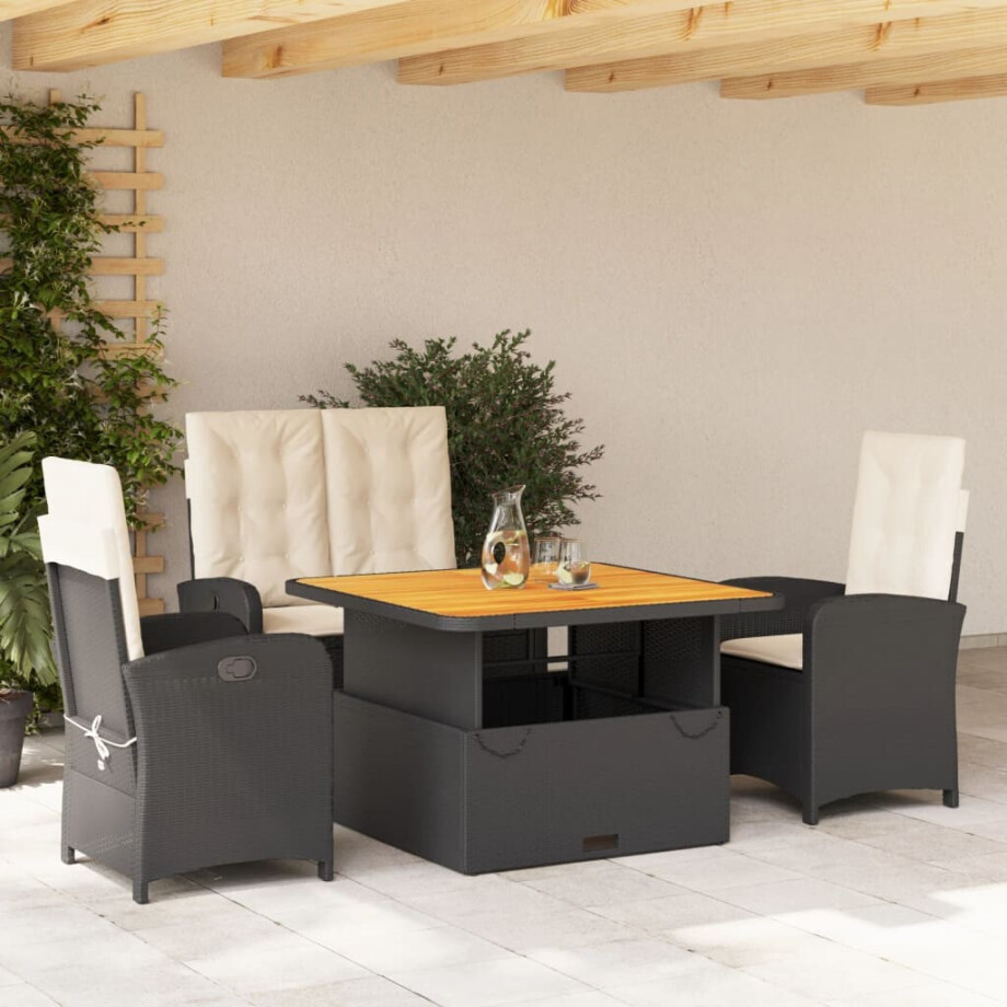 vidaXL 4-delige Tuinset met kussens poly rattan zwart afbeelding 1