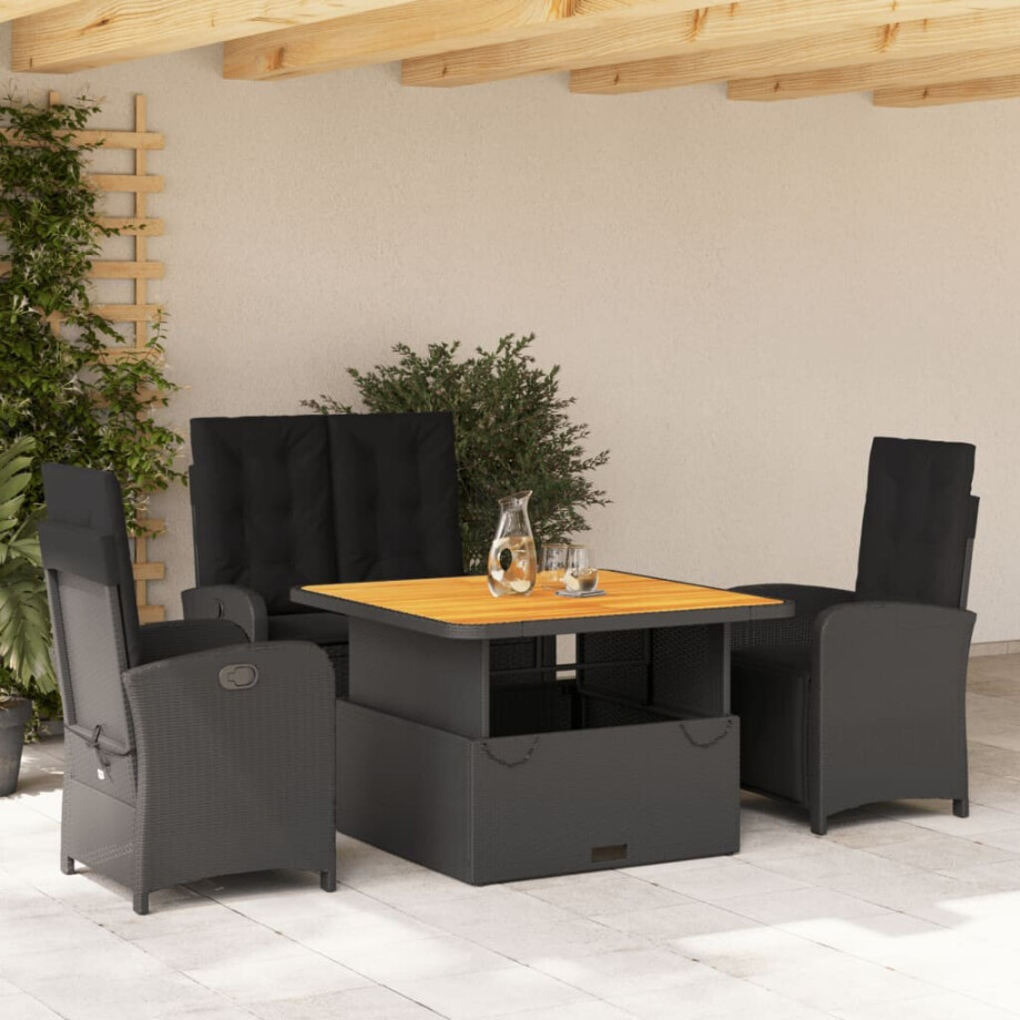 vidaXL 4-delige Tuinset met kussens poly rattan zwart afbeelding 1
