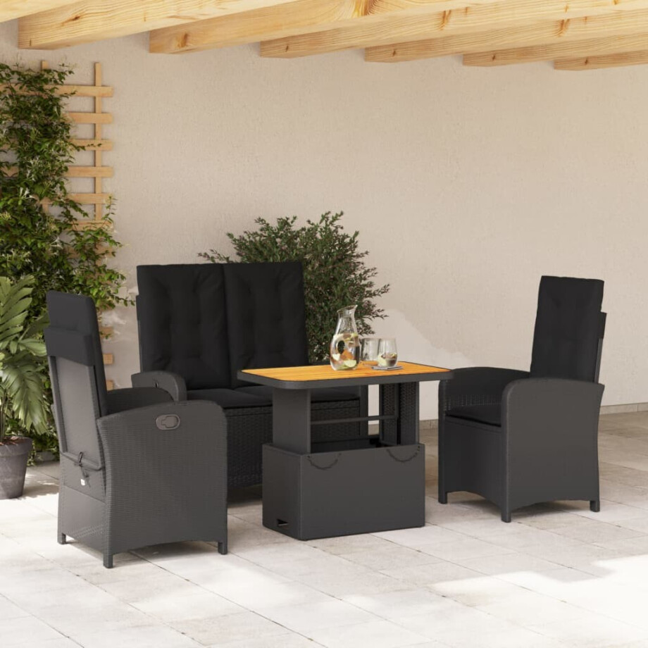 vidaXL 4-delige Tuinset met kussens poly rattan zwart afbeelding 1