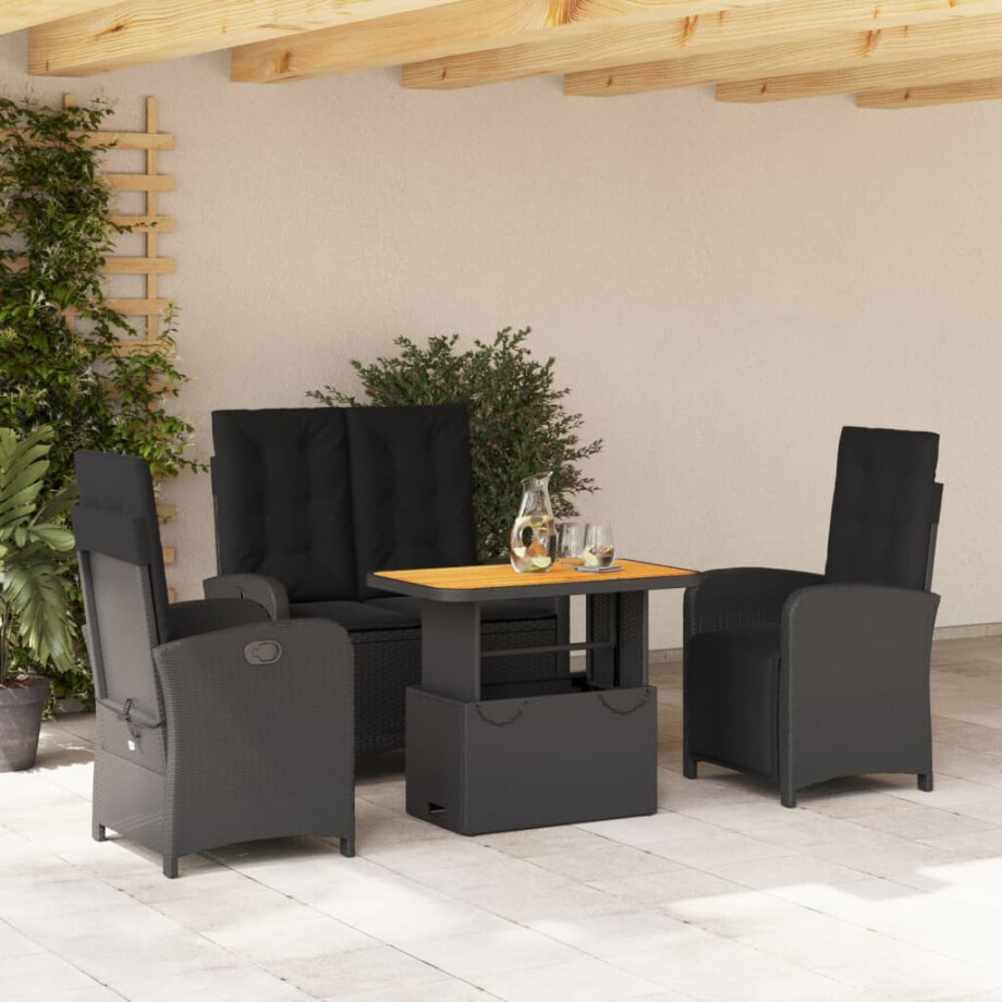 vidaXL 4-delige Tuinset met kussens poly rattan zwart afbeelding 1