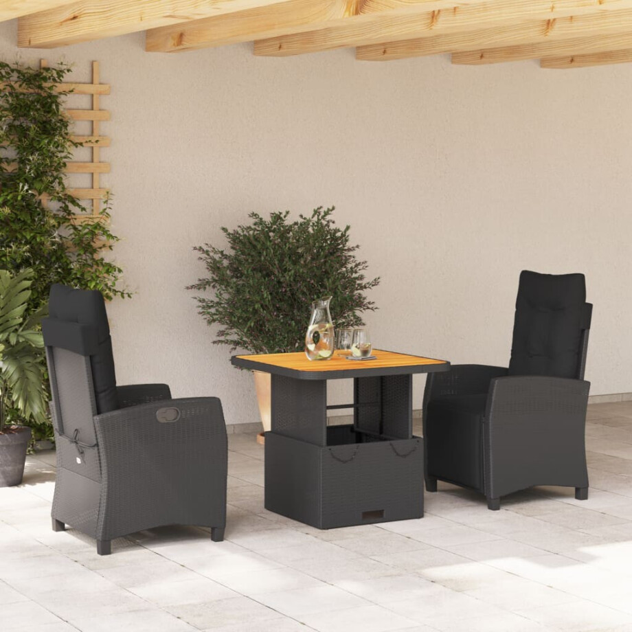 vidaXL 3-delige Tuinset met kussens poly rattan zwart afbeelding 1