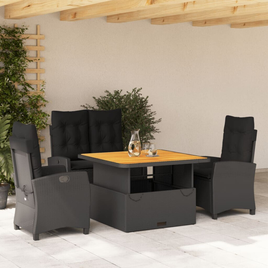 vidaXL 4-delige Tuinset met kussens poly rattan zwart afbeelding 1