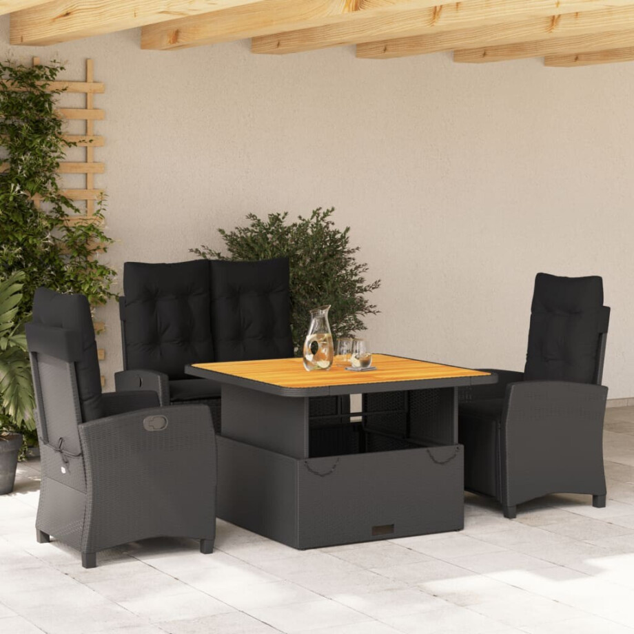 vidaXL 4-delige Tuinset met kussens poly rattan zwart vidaXL 4-delige Tuinset met kussens poly rattan zwart afbeelding 1