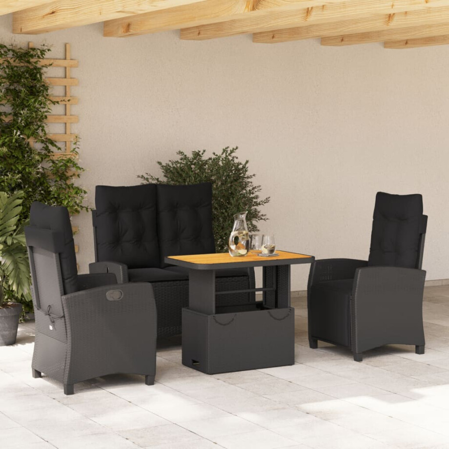 vidaXL 4-delige Tuinset met kussens poly rattan zwart afbeelding 1