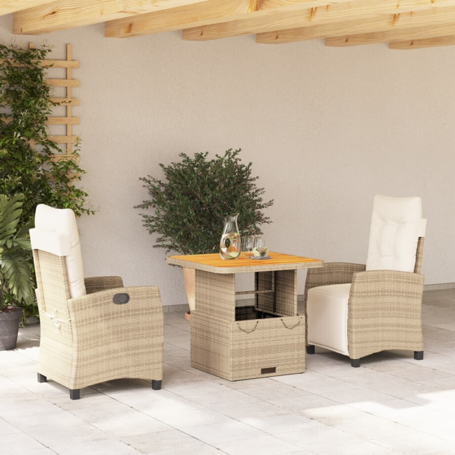 vidaXL 3-delige Tuinset met kussens poly rattan beige afbeelding 1
