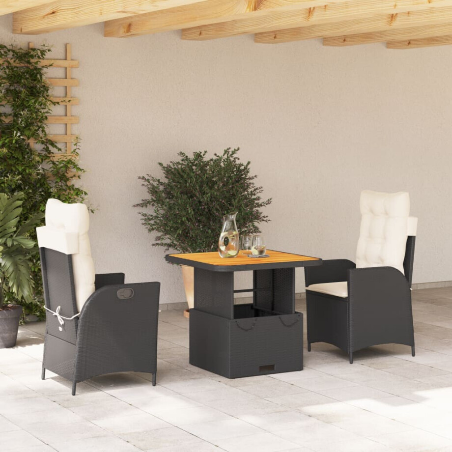 vidaXL 3-delige Tuinset met kussens poly rattan zwart afbeelding 1
