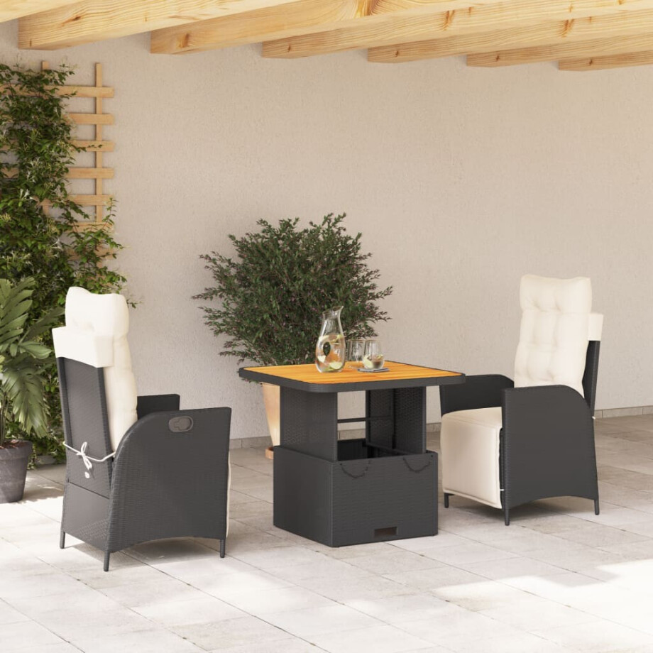 vidaXL 3-delige Tuinset met kussens poly rattan zwart afbeelding 1