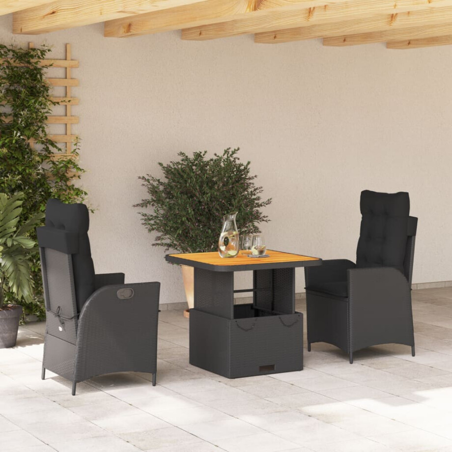 vidaXL 3-delige Tuinset met kussens poly rattan zwart afbeelding 1