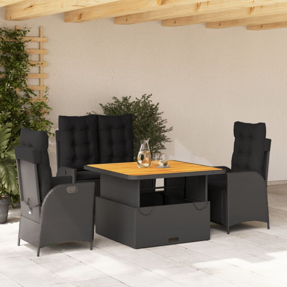 vidaXL 4-delige Tuinset met kussens poly rattan zwart vidaXL 4-delige Tuinset met kussens poly rattan zwart afbeelding 1
