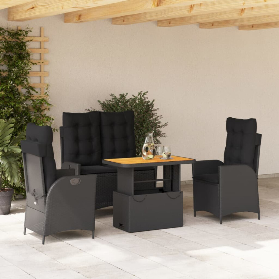 vidaXL 4-delige Tuinset met kussens poly rattan zwart afbeelding 1