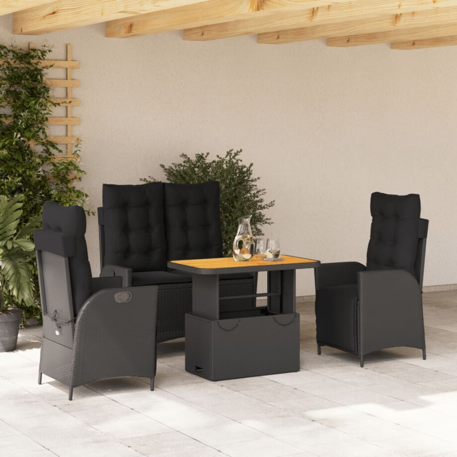 vidaXL 4-delige Tuinset met kussens poly rattan zwart vidaXL 4-delige Tuinset met kussens poly rattan zwart afbeelding 1
