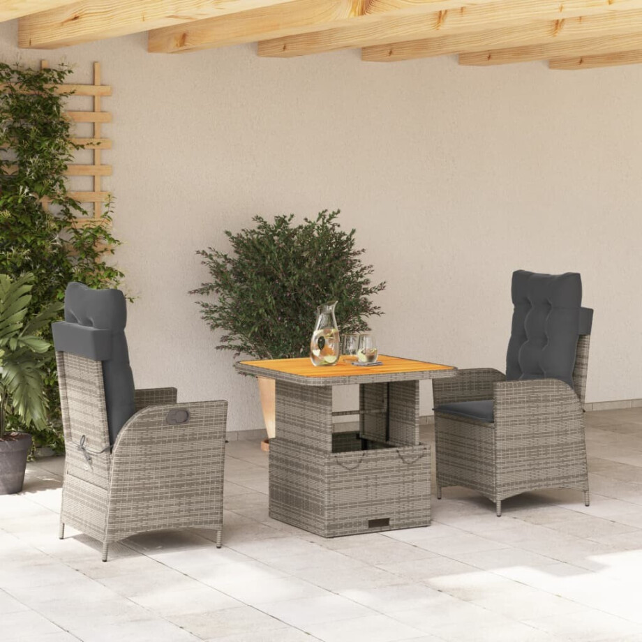 vidaXL 3-delige Tuinset met kussens poly rattan grijs afbeelding 1